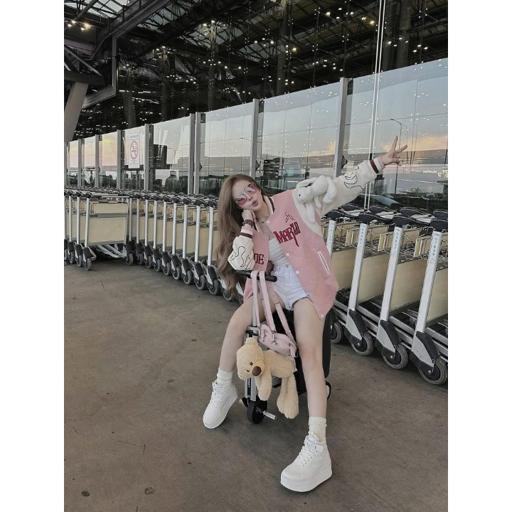 Áo khoác nữ DONNA HCOM3597 bomber phối 2 màu hồng trắng xinh xắn, trẻ trung