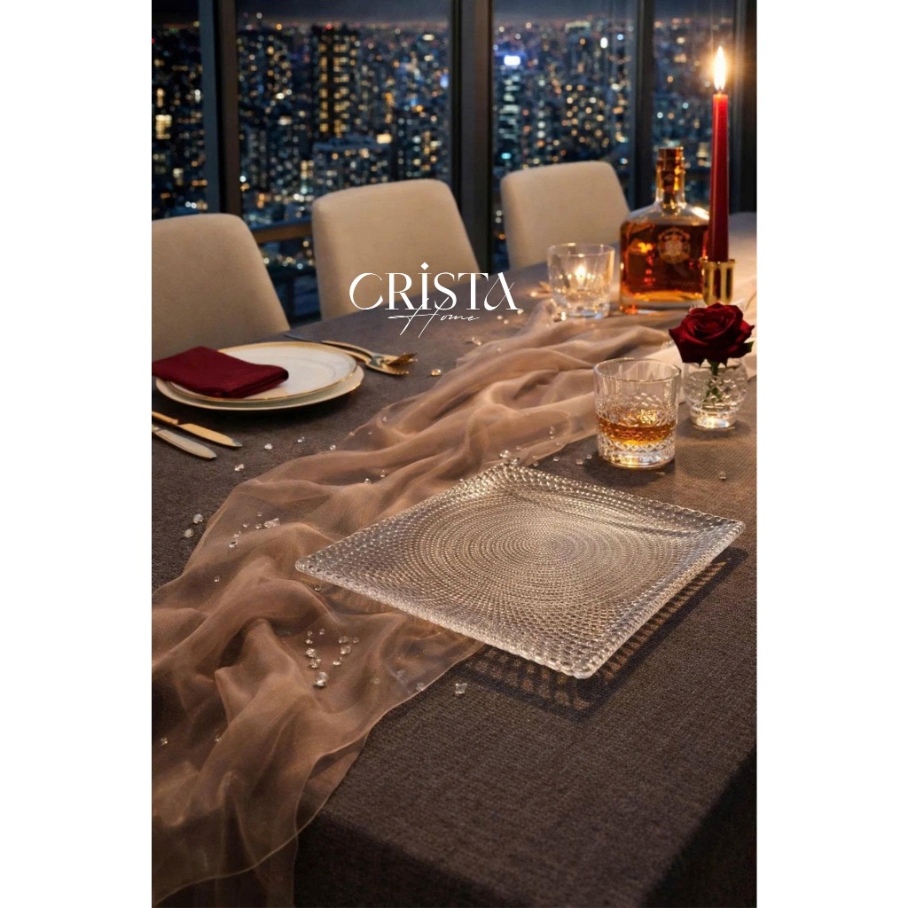 Bộ 2 Đĩa Thủy Tinh Vuông Vân Lưới Crista Home 24cm + 27.5cm | Đĩa Bàn Tiệc Cao Cấp HÀNG CHÍNH HÃNG