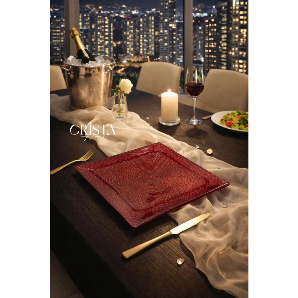 Bộ 2 Đĩa Thủy Tinh Vuông Vân Lưới Crista Home 24cm + 27.5cm | Đĩa Bàn Tiệc Cao Cấp HÀNG CHÍNH HÃNG