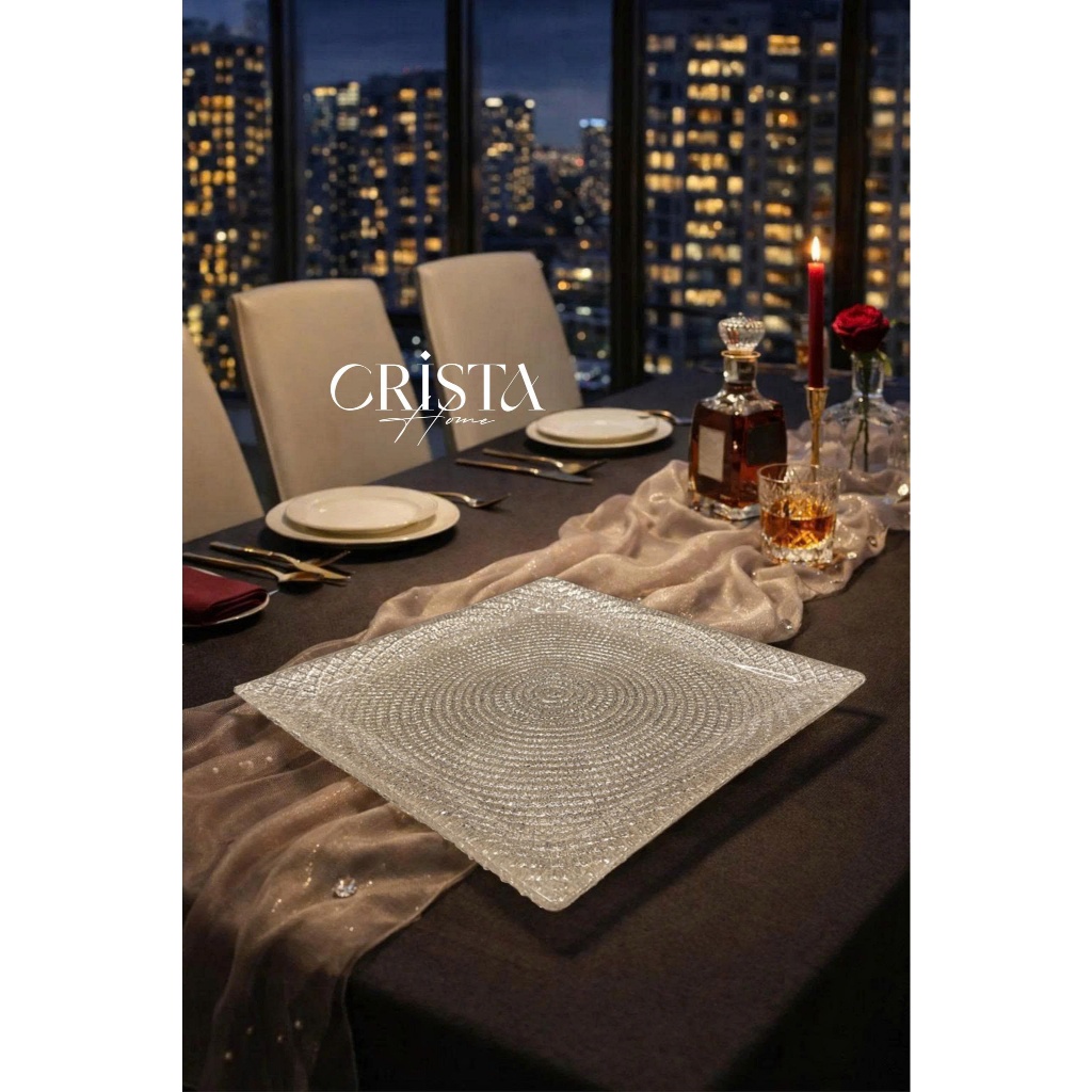 Bộ 2 Đĩa Thủy Tinh Vuông Vân Lưới Crista Home 24cm + 27.5cm | Đĩa Bàn Tiệc Cao Cấp HÀNG CHÍNH HÃNG