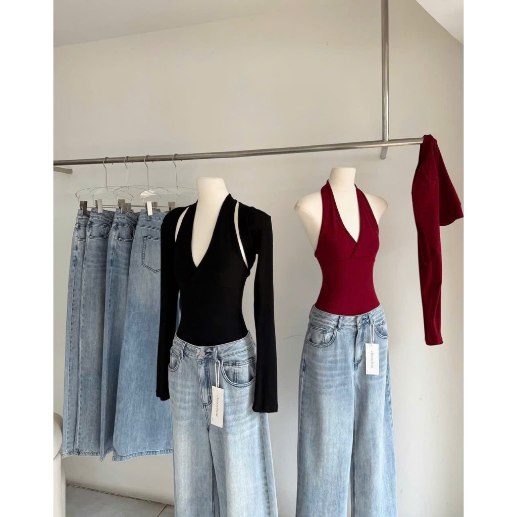 Áo Body Nữ Cổ V Sẻ Vai Dáng Ôm Sexy Thanh Lịch Áo Thun Tăm Co Giãn Chamie Store