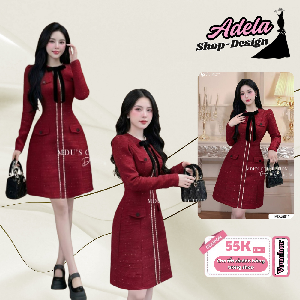 Váy Tiểu Thư Thiết Kế ADELA DESIGN Dạ Tweed Kim Sa Nơ Nhung Sang Trọng MDU5811