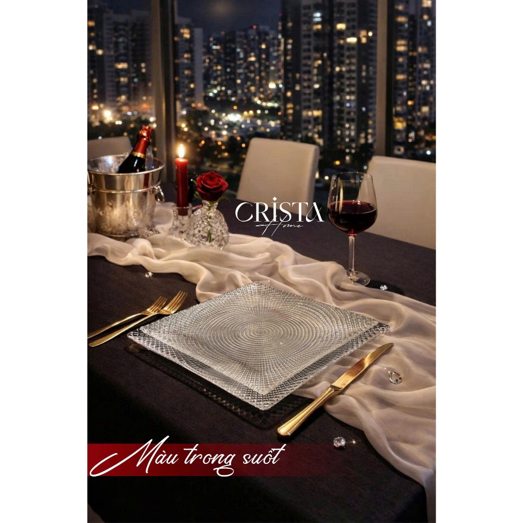 Bộ 2 Đĩa Thủy Tinh Vuông Vân Lưới Crista Home 24cm + 27.5cm | Đĩa Bàn Tiệc Cao Cấp HÀNG CHÍNH HÃNG