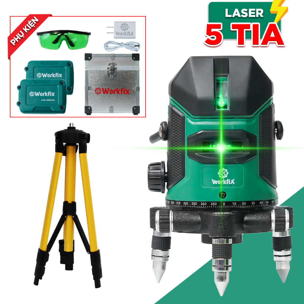 [ Kèm Chân 1m2] Máy Bắn Cốt, Cân Bằng Laser Workfix WF-LS0503G, 5 Tia Xanh, Điều Khiển Cảm Ứng, 360°