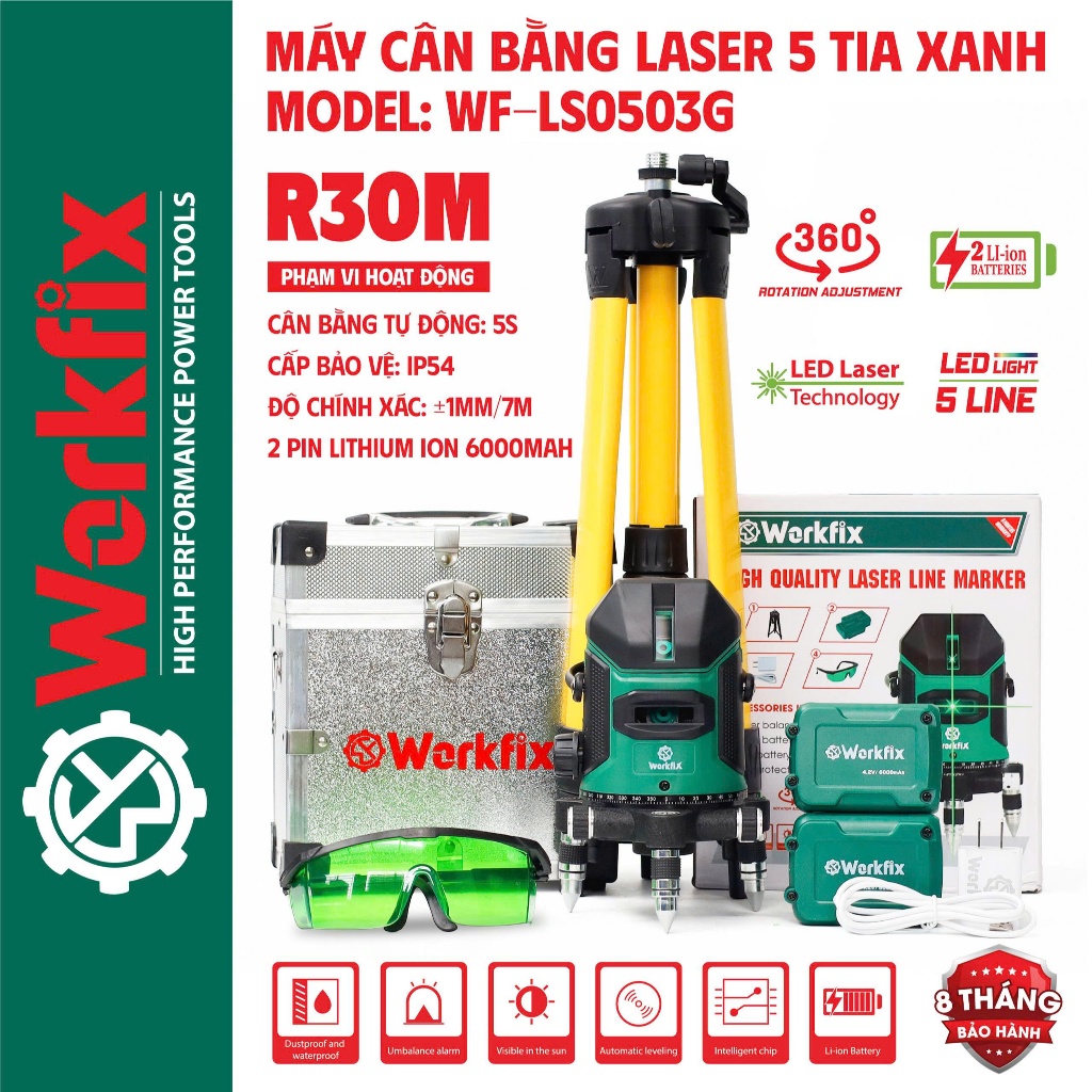 [ Kèm Chân 1m2] Máy Bắn Cốt, Cân Bằng Laser Workfix WF-LS0503G, 5 Tia Xanh, Điều Khiển Cảm Ứng, 360°