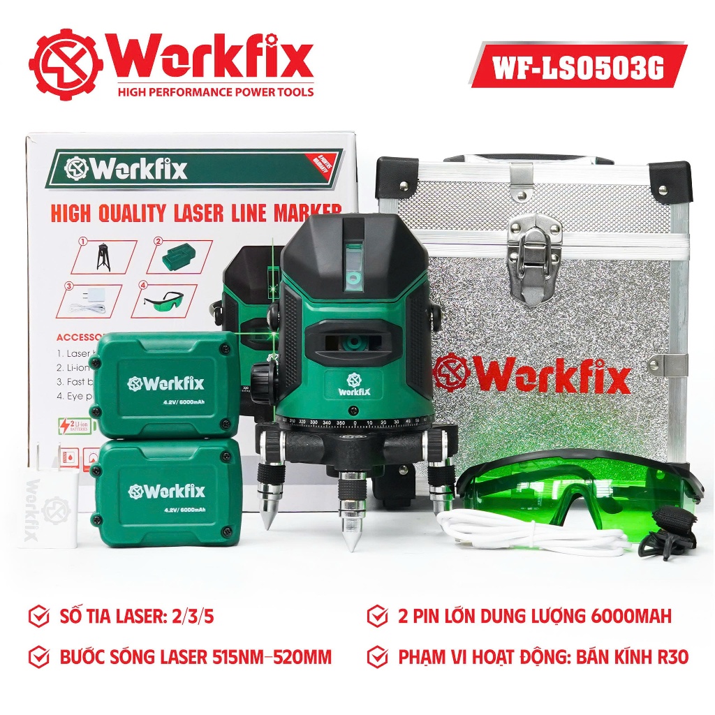 [ Kèm Chân 1m2] Máy Bắn Cốt, Cân Bằng Laser Workfix WF-LS0503G, 5 Tia Xanh, Điều Khiển Cảm Ứng, 360°