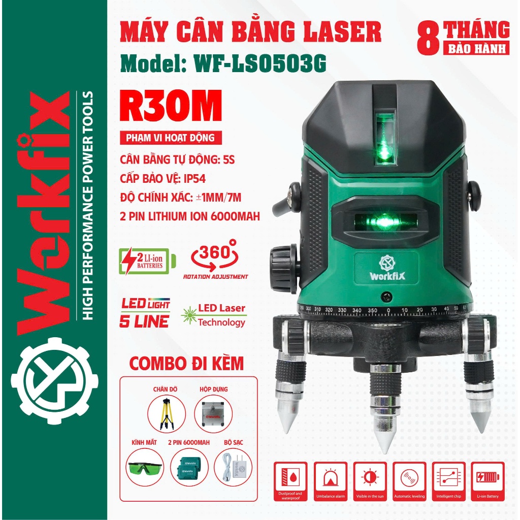 [ Kèm Chân 1m2] Máy Bắn Cốt, Cân Bằng Laser Workfix WF-LS0503G, 5 Tia Xanh, Điều Khiển Cảm Ứng, 360°
