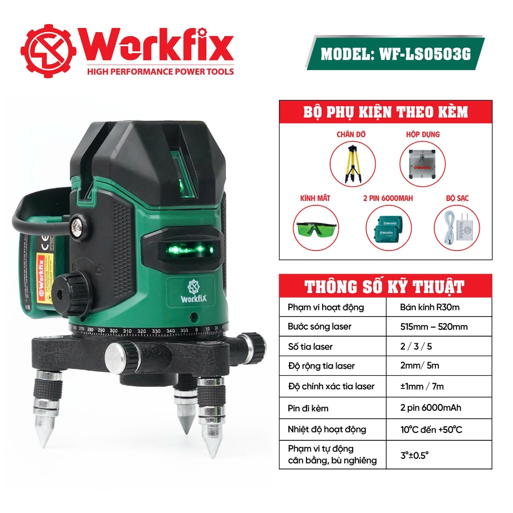 [ Kèm Chân 1m2] Máy Bắn Cốt, Cân Bằng Laser Workfix WF-LS0503G, 5 Tia Xanh, Điều Khiển Cảm Ứng, 360°