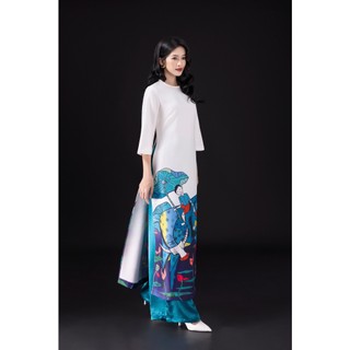 SWANLAKE | Áo Dài Nữ Cách Tân Đông Hồ Phom Suông Tay Lỡ Cổ Tròn Vải Lụa Dày In 3D Tết L12847