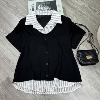 Áo Bigsize Nữ Cổ Sơ Mi Dính Liền, Chất Thun Gân Co Giãn, Dáng Suông Che Khuyết Điểm 58-92kg A338