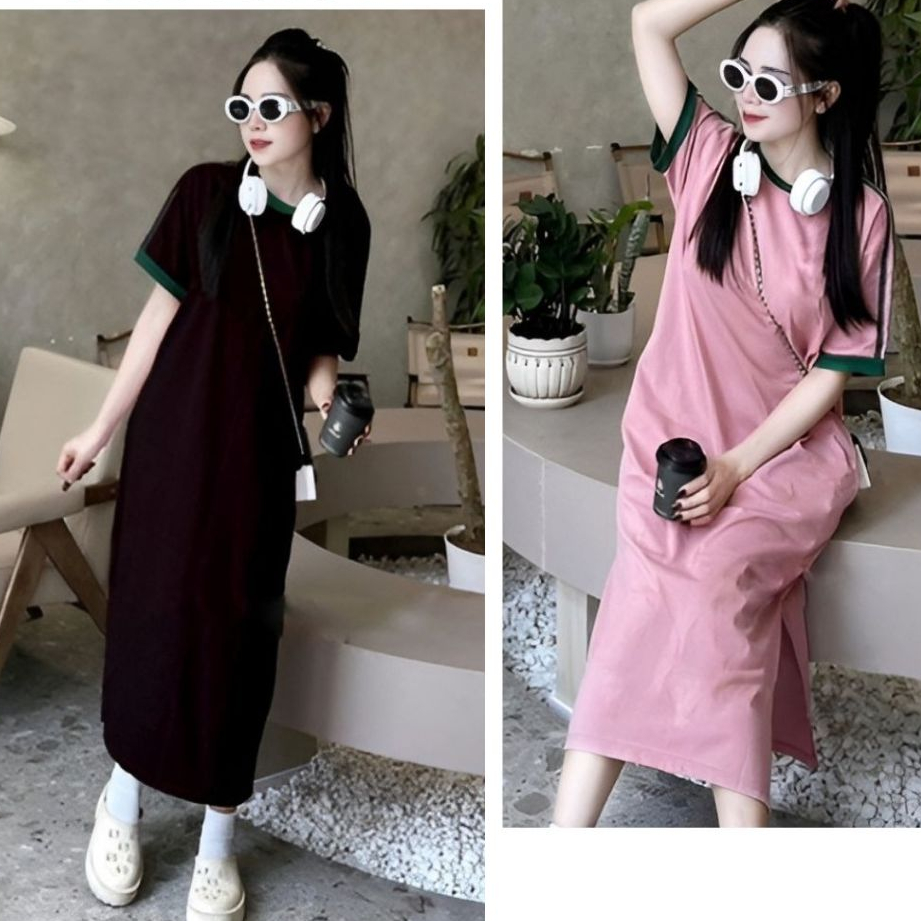 Đầm thun cotton nữ form rộng xẻ tà bigsize basic cuteVáy suông dáng dài cộc tay không cổ đen hồng phối viền xanh  T1272G