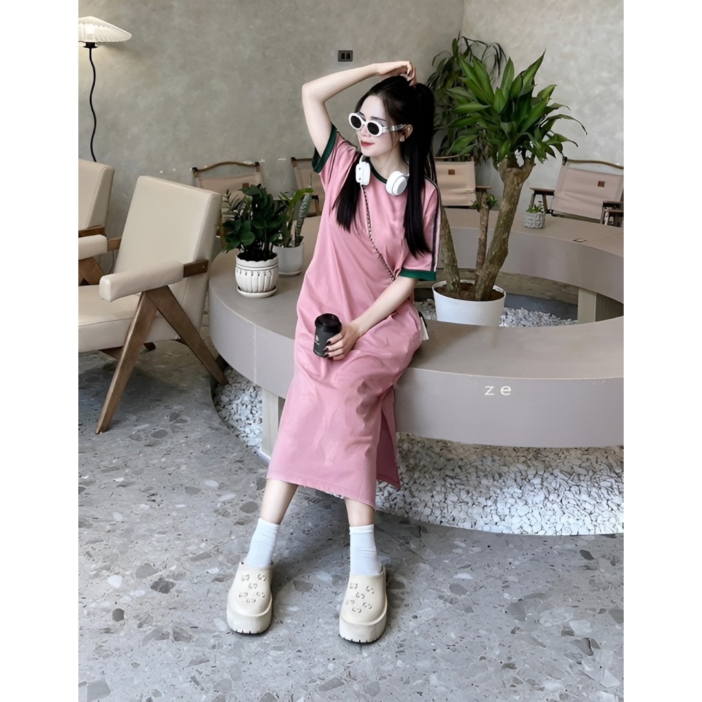 Đầm thun cotton nữ form rộng xẻ tà bigsize basic cuteVáy suông dáng dài cộc tay không cổ đen hồng phối viền xanh  T1272G