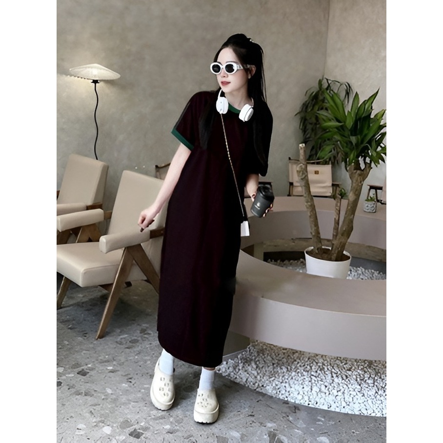 Đầm thun cotton nữ form rộng xẻ tà bigsize basic cuteVáy suông dáng dài cộc tay không cổ đen hồng phối viền xanh  T1272G
