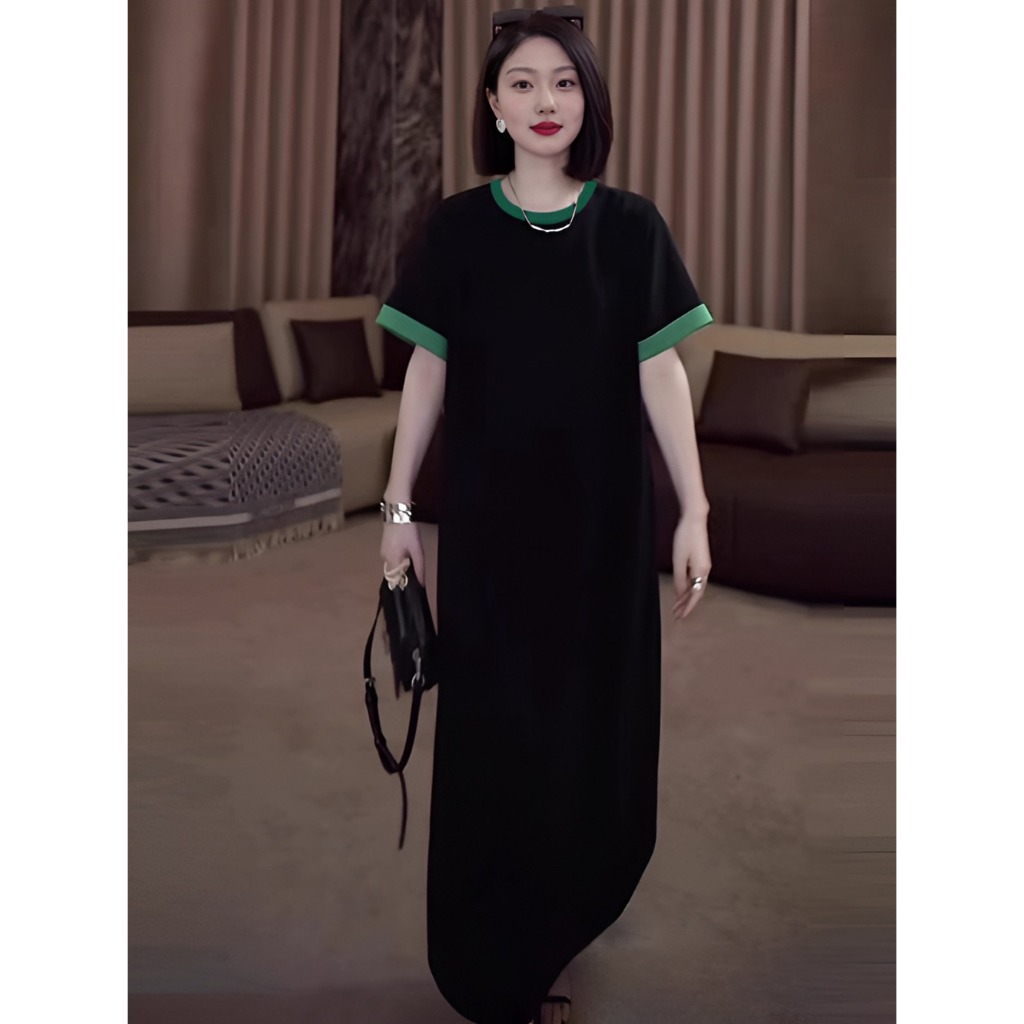 Đầm thun cotton nữ form rộng xẻ tà bigsize basic cuteVáy suông dáng dài cộc tay không cổ đen hồng phối viền xanh  T1272G