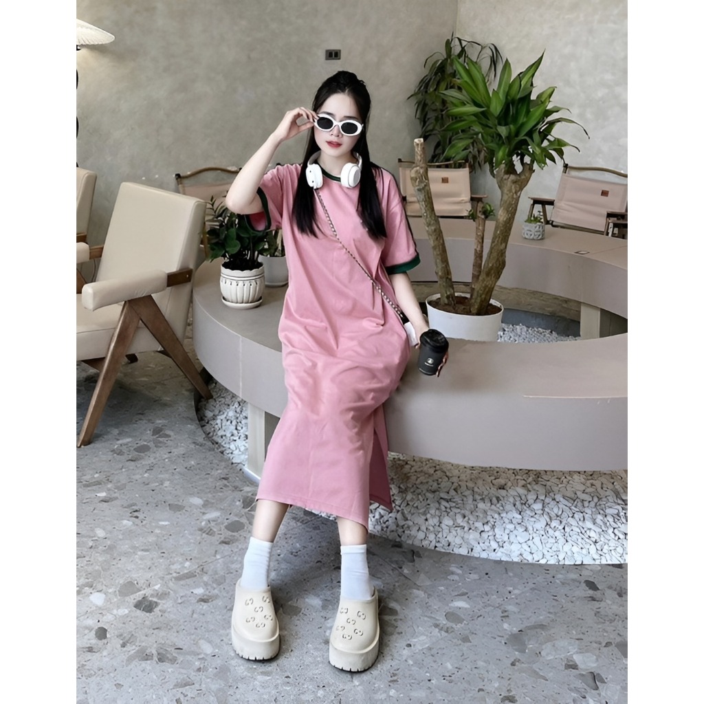 Đầm thun cotton nữ form rộng xẻ tà bigsize basic cuteVáy suông dáng dài cộc tay không cổ đen hồng phối viền xanh  T1272G