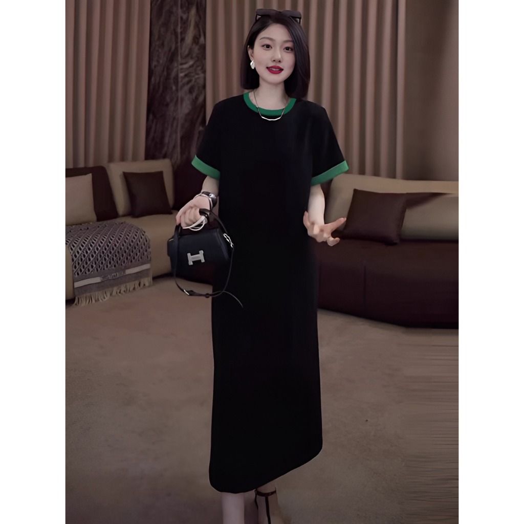 Đầm thun cotton nữ form rộng xẻ tà bigsize basic cuteVáy suông dáng dài cộc tay không cổ đen hồng phối viền xanh  T1272G