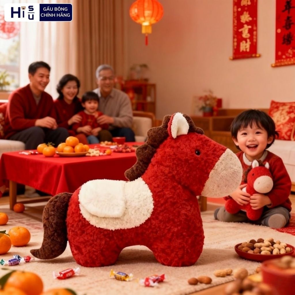 Gấu Bông Ngựa Đỏ May Mắn Tết  2026 Chất Liệu Lông Cừu Cao Cấp Làm Decor/Trang Trí Tết, Quà Tặng Năm Mới Cho Bé