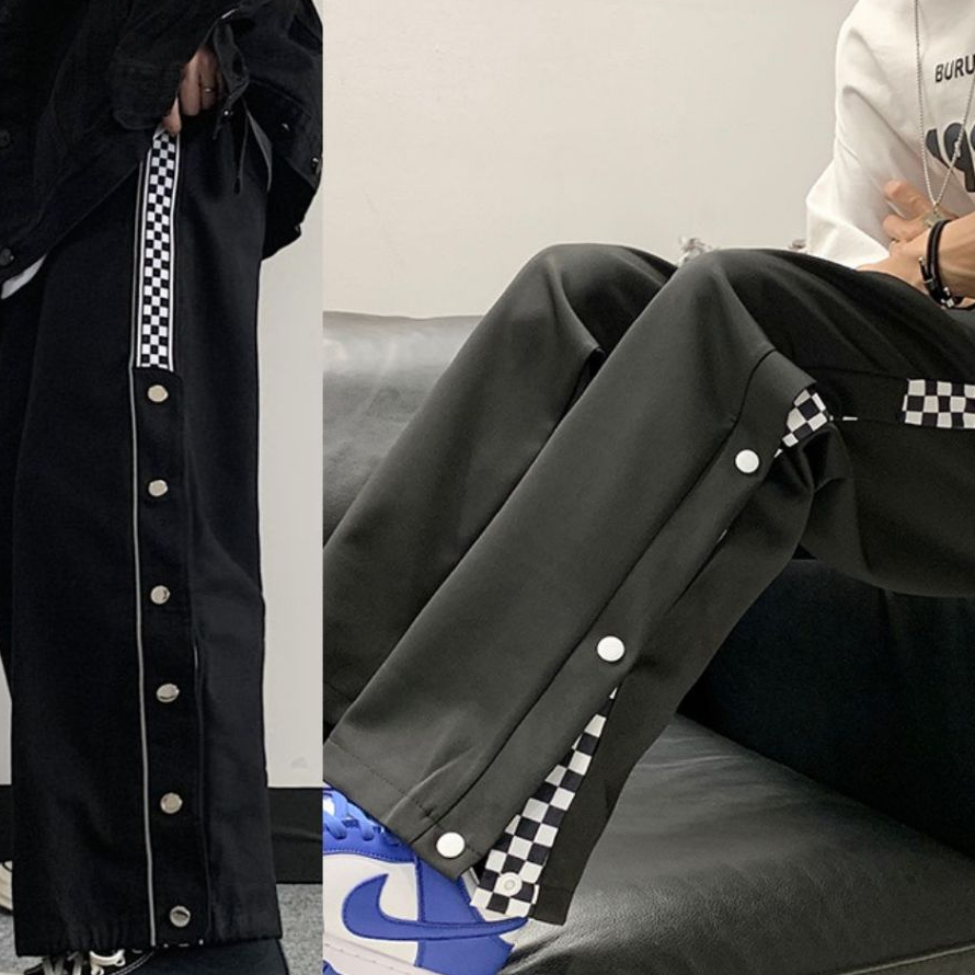 Quần suông unisex đóng cúc cạp chun Quần dài ống rộng nam nữ xẻ tà có cúc bấm để đóng mở tà đen phối caro  T23G