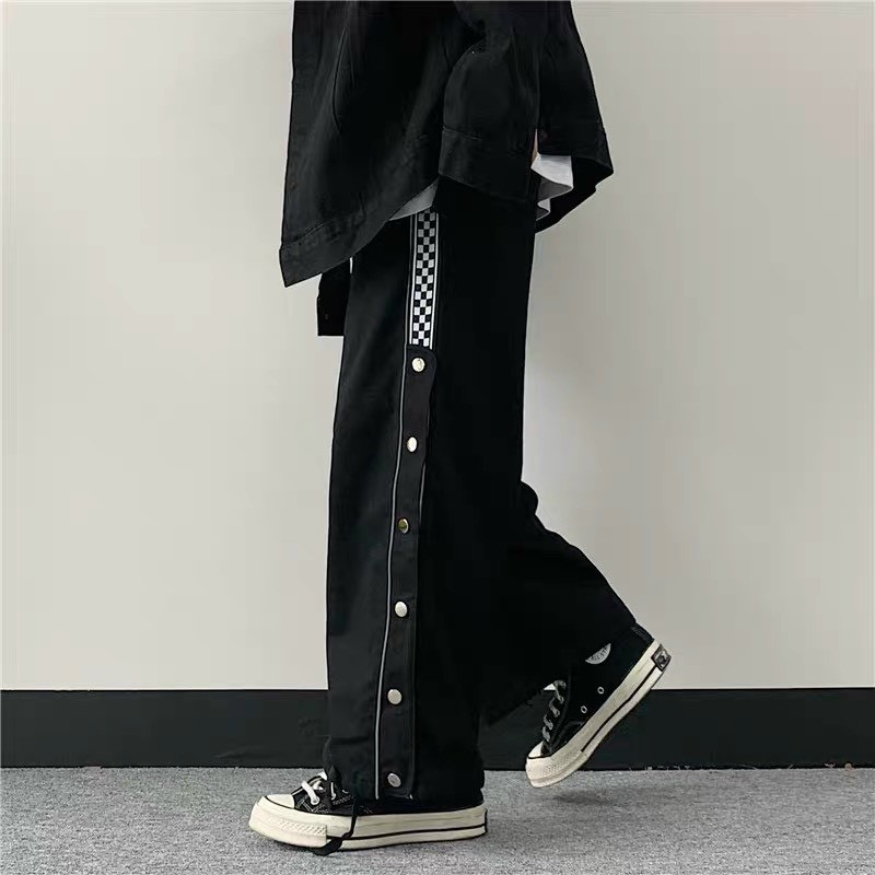 Quần suông unisex đóng cúc cạp chun Quần dài ống rộng nam nữ xẻ tà có cúc bấm để đóng mở tà đen phối caro  T23G