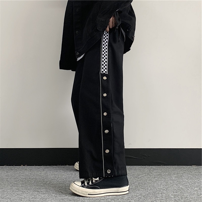 Quần suông unisex đóng cúc cạp chun Quần dài ống rộng nam nữ xẻ tà có cúc bấm để đóng mở tà đen phối caro  T23G