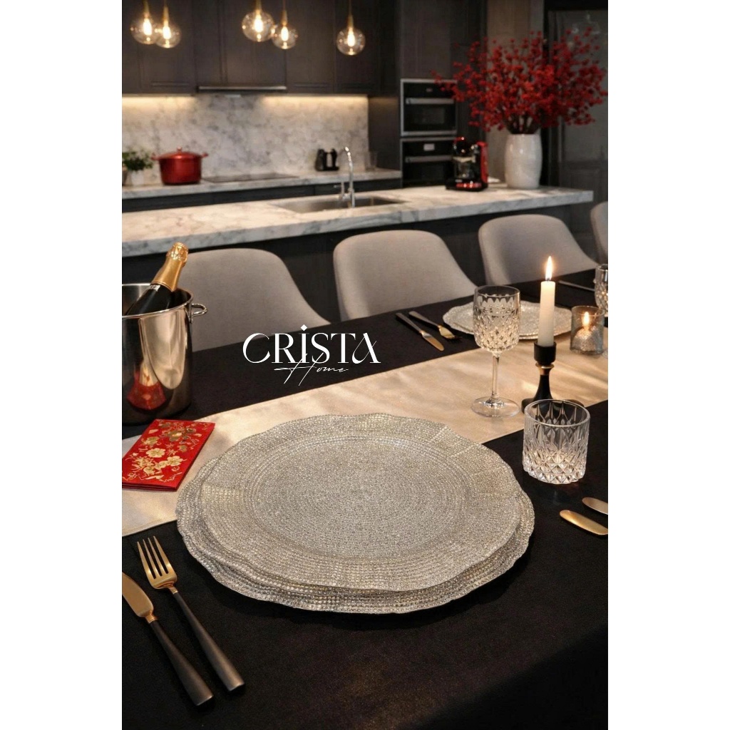 BỘ 2 ĐĨA THỦY TINH VÂN LƯỚI TRÒN CRISTA HOME 34CM + 30CM HÀNG CHÍNH HÃNG