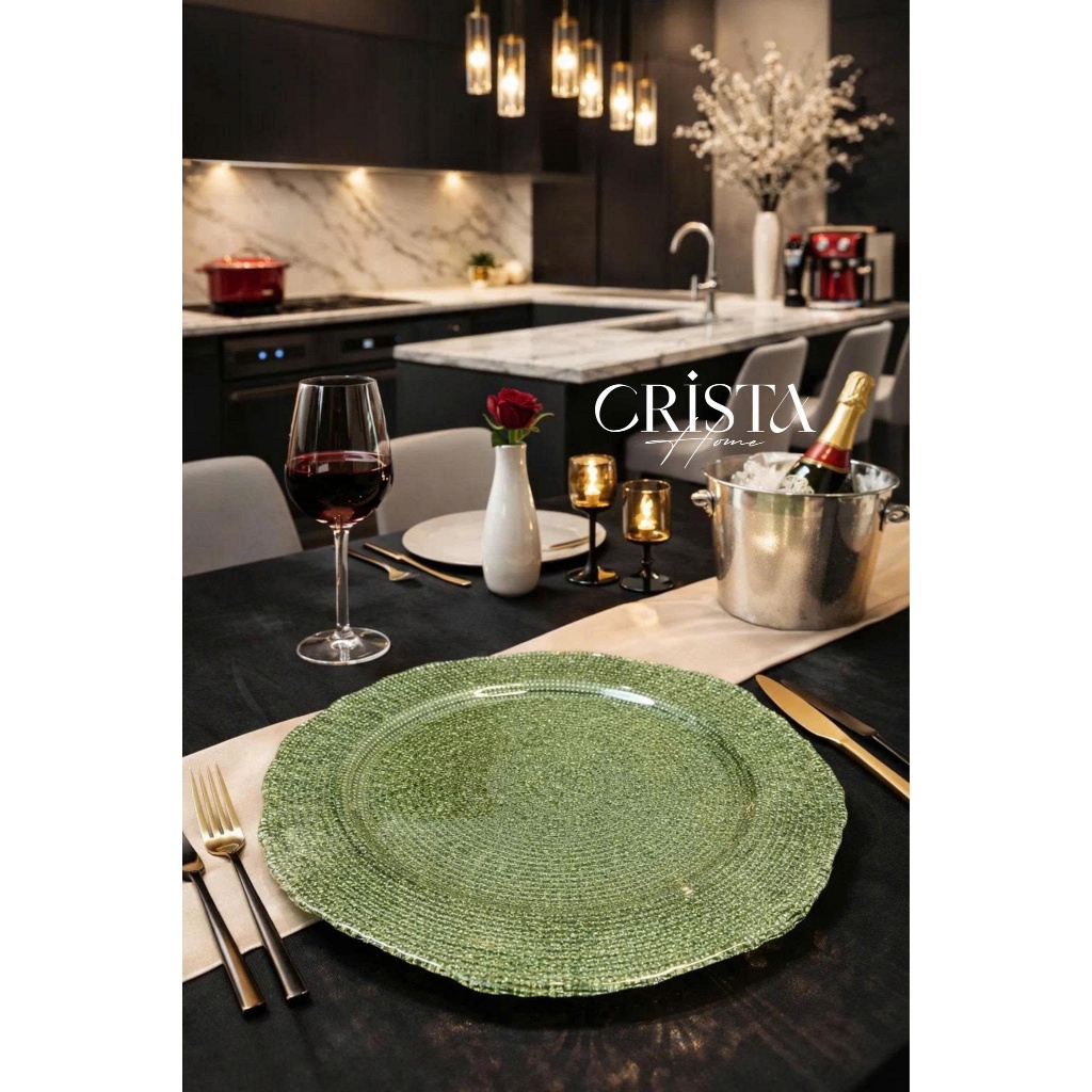 BỘ 2 ĐĨA THỦY TINH VÂN LƯỚI TRÒN CRISTA HOME 34CM + 30CM HÀNG CHÍNH HÃNG