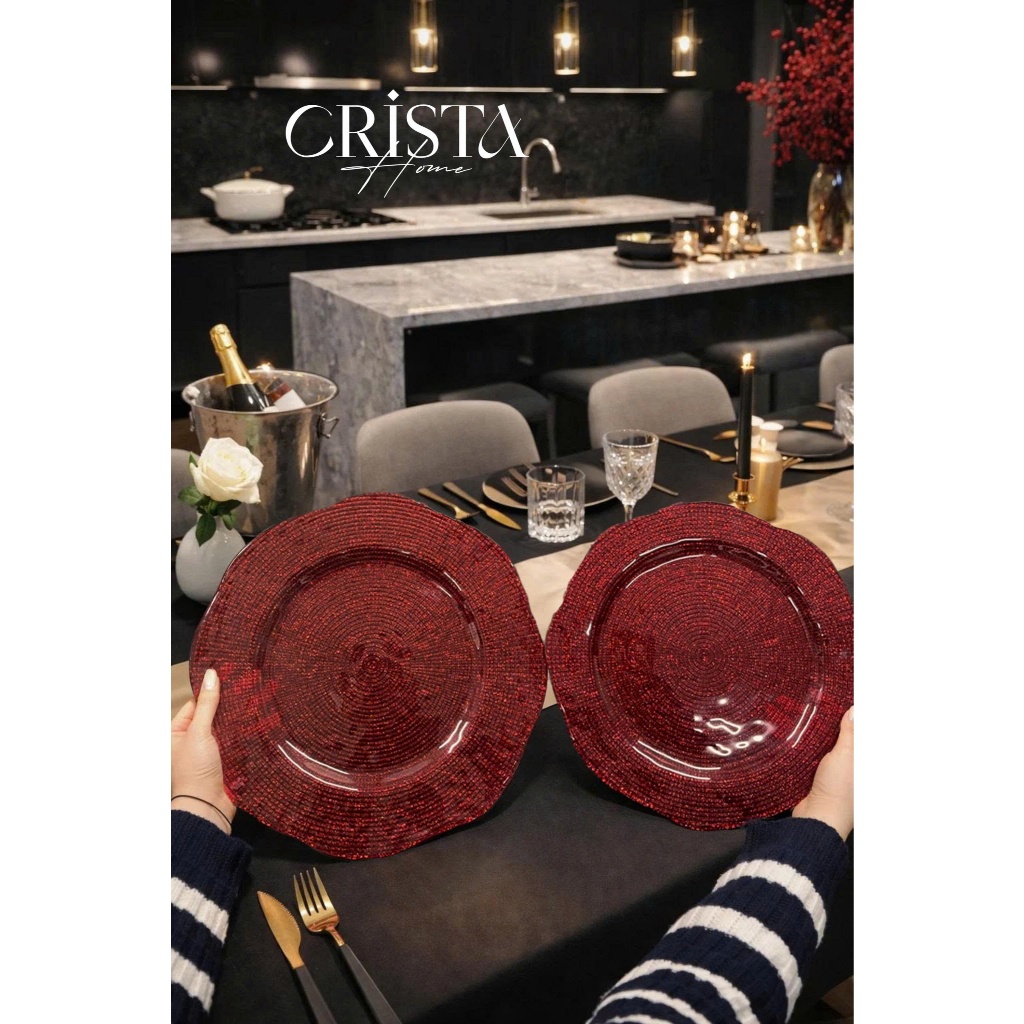 BỘ 2 ĐĨA THỦY TINH VÂN LƯỚI TRÒN CRISTA HOME 34CM + 30CM HÀNG CHÍNH HÃNG