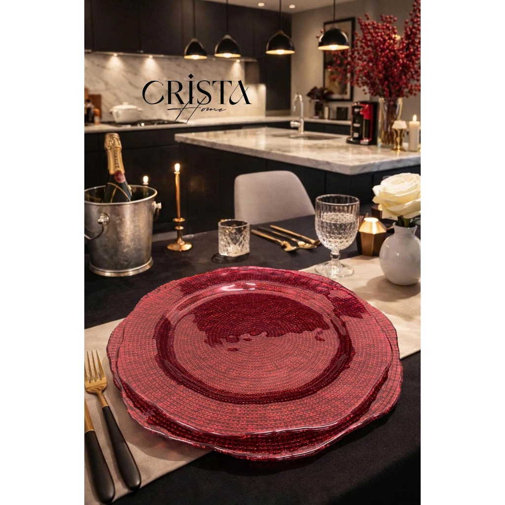BỘ 2 ĐĨA THỦY TINH VÂN LƯỚI TRÒN CRISTA HOME 34CM + 30CM HÀNG CHÍNH HÃNG
