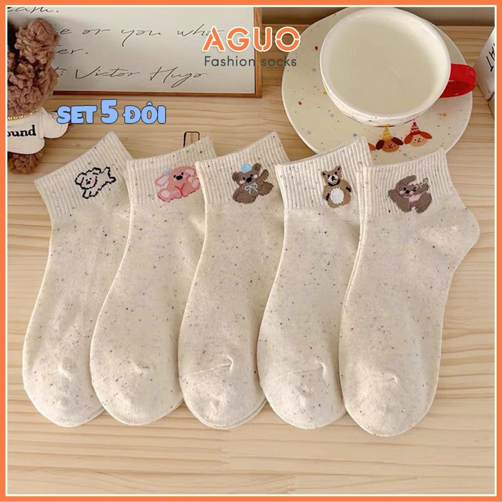 Tất nữ cổ ngắn set 5 đôi trắng họa tiết nâu thêu xinh xắn, vớ cotton co dãn thoáng khí - Aguo shop