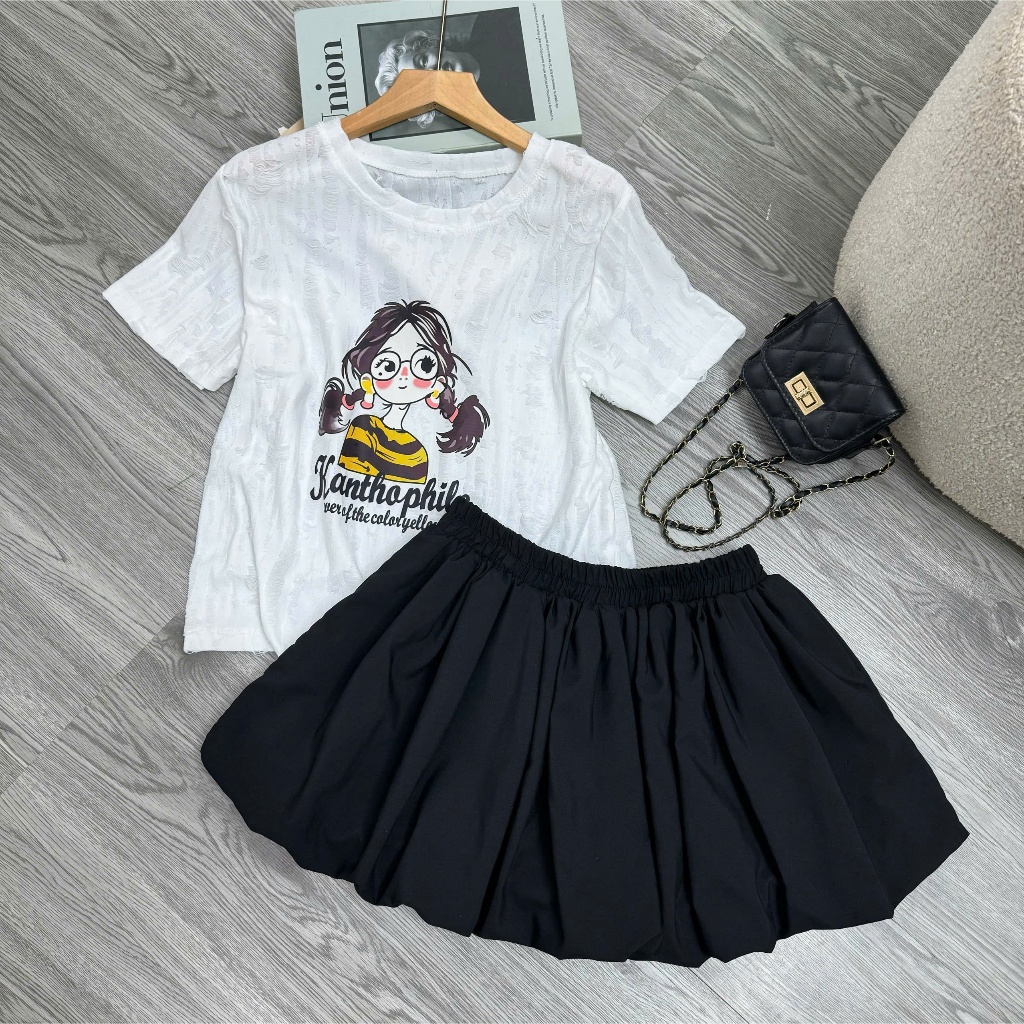 Set Đồ Nữ Áo Thun Hình Cô Gái Phối Chân Váy–Bộ Đồ Đi Chơi, Dạo Phố, Năng Động Trẻ Trung A287+CV413
