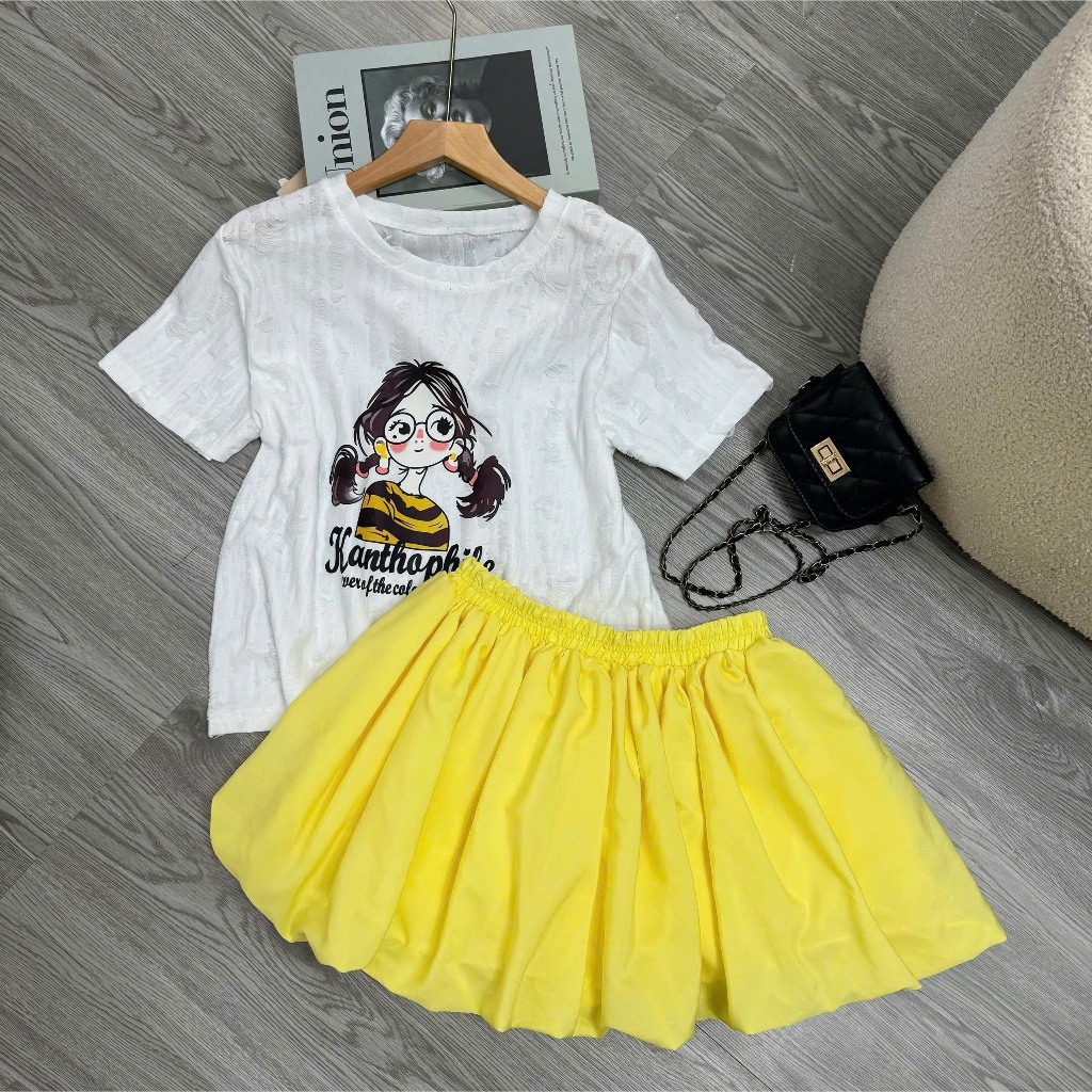 Set Đồ Nữ Áo Thun Hình Cô Gái Phối Chân Váy–Bộ Đồ Đi Chơi, Dạo Phố, Năng Động Trẻ Trung A287+CV413
