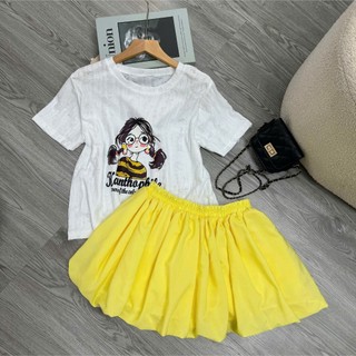 Set Bigsize Nữ  2 Món Áo Thun Xước In Hình Phối Chân Váy Bí  Xòe Dễ Thương, Năng Động  55-92kg A287-CV413