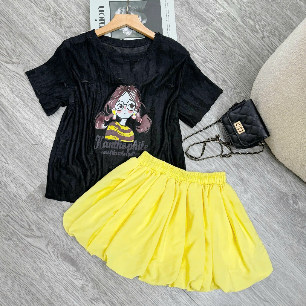 Set Đồ Nữ Áo Thun Hình Cô Gái Phối Chân Váy–Bộ Đồ Đi Chơi, Dạo Phố, Năng Động Trẻ Trung A287+CV413