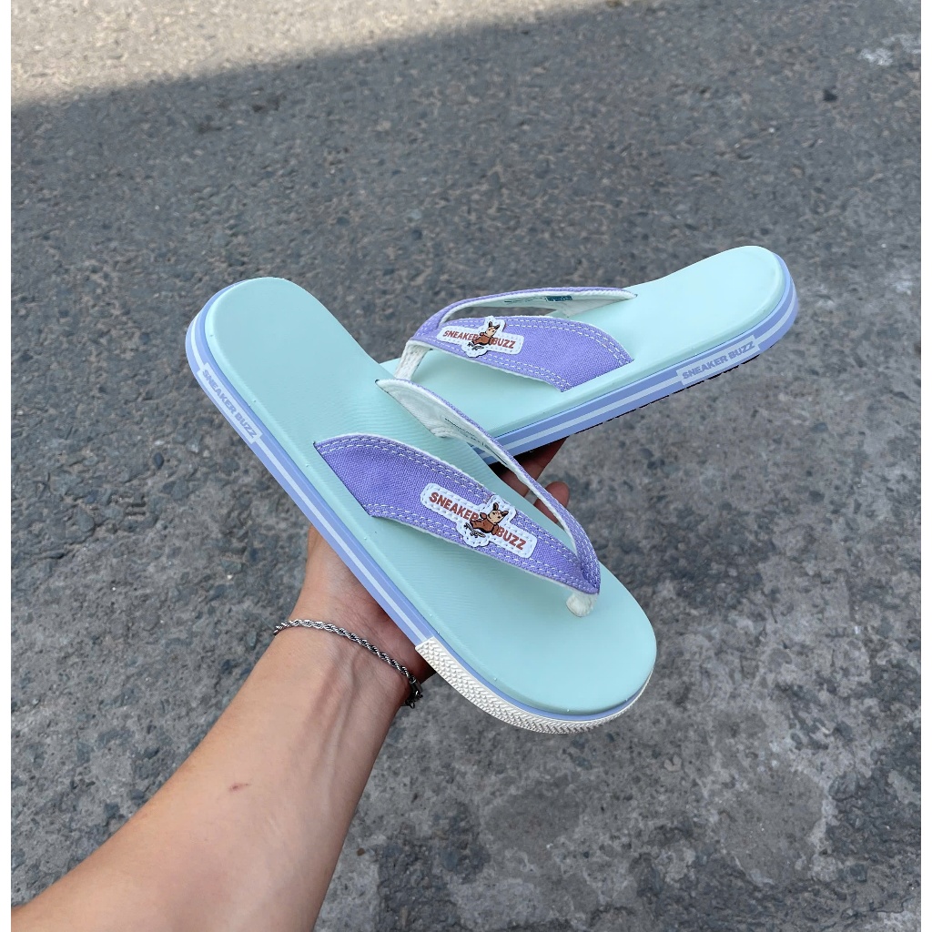 [ 2M Sneaker ] - Dép Sneaker Xanh Mint Quai Tím Logo Mr Buzz | Shopee ...