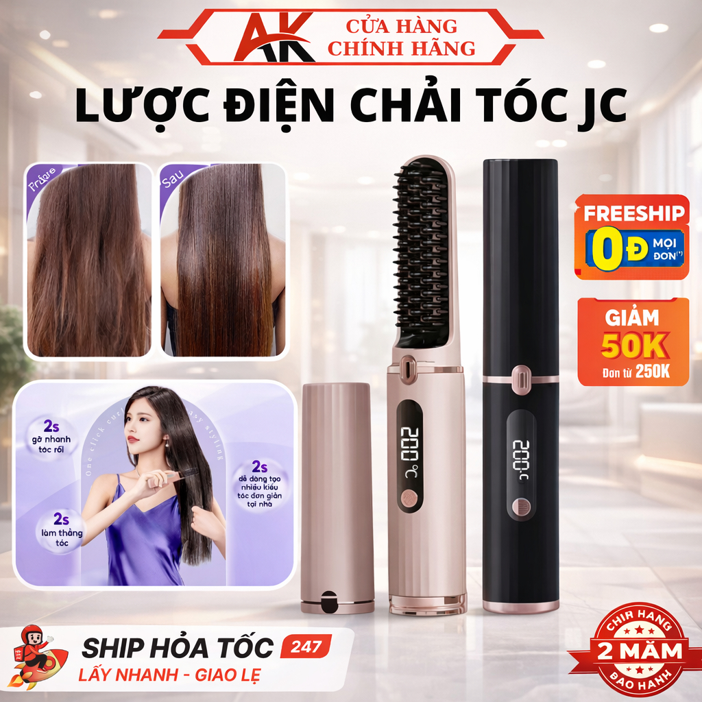 Lược Điện Chải Tóc Chính Hãng Tạo Kiểu Chuyên Nghiệp, Uốn Duỗi Ép Tóc, Bảo Hành 2 Năm