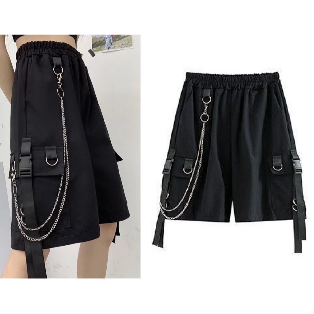 Quần đùi sooc unisex cá tính hiện đại trẻ trung Quần short kaki ống rộng túi hộp có dây xích nam nữ T42G