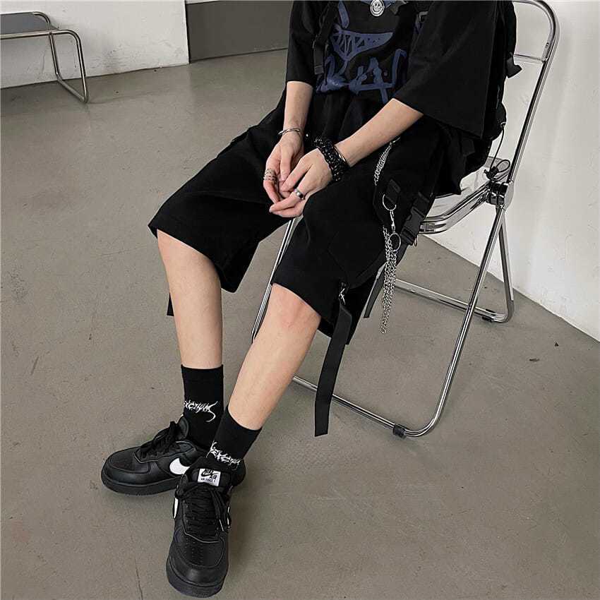 Quần đùi sooc unisex cá tính hiện đại trẻ trung Quần short kaki ống rộng túi hộp có dây xích nam nữ T42G