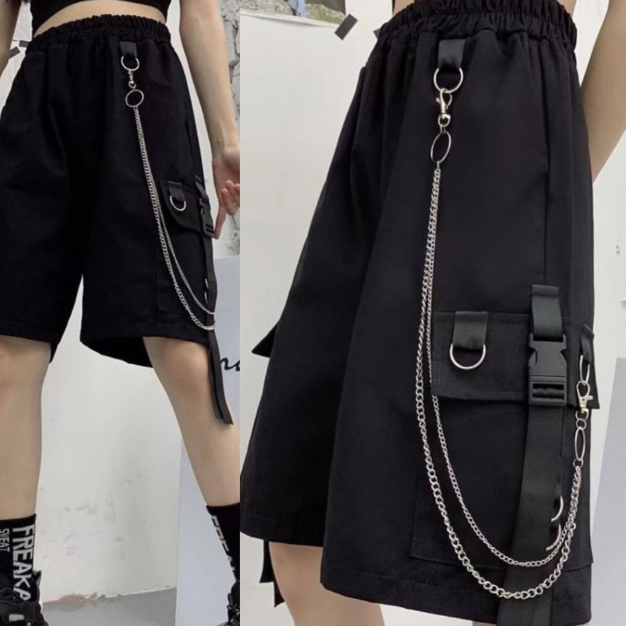 Quần đùi sooc unisex cá tính hiện đại trẻ trung Quần short kaki ống rộng túi hộp có dây xích nam nữ T42G