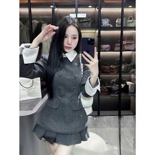 Set áo váy dạ xám Loại 1 thiết kế áo phối cổ sơ mi cúc bọc và chân váy xoè ngắn xếp ly