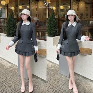 Set áo váy dạ xám Loại 1 thiết kế áo phối cổ sơ mi cúc bọc và chân váy xoè ngắn xếp ly