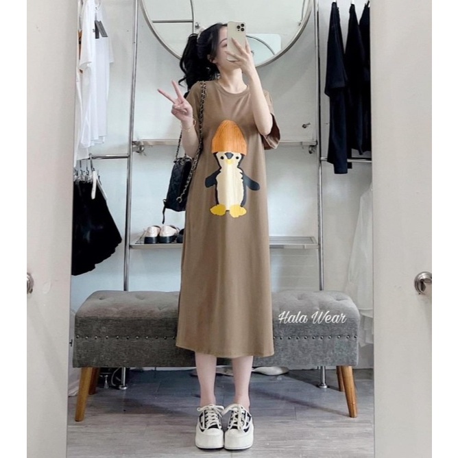 Váy thun cotton Đầm bầu bigsize mặc nhà suông dài form rộng tay hến cổ tròn họa tiết chim cánh cụt xanh đen nâu  T1229G