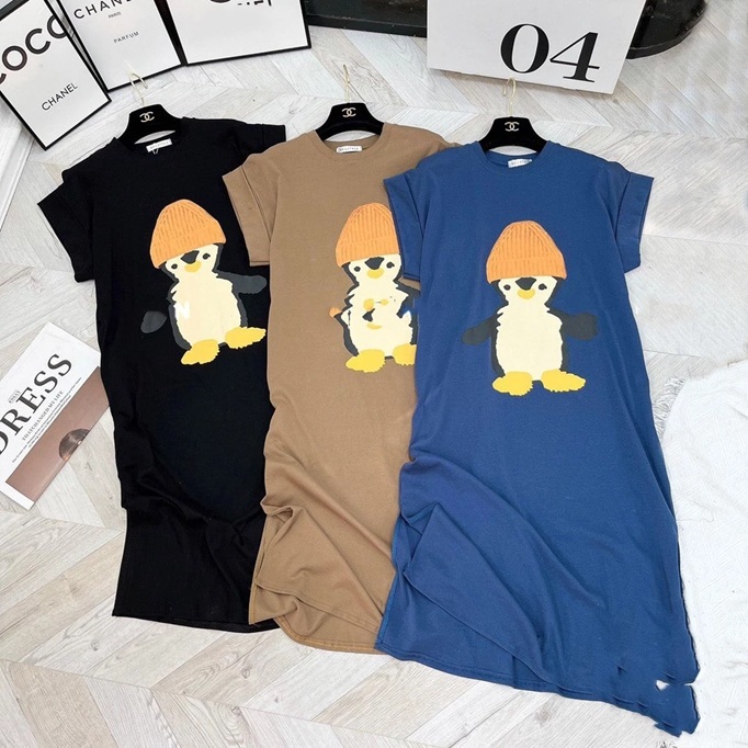 Váy thun cotton Đầm bầu bigsize mặc nhà suông dài form rộng tay hến cổ tròn họa tiết chim cánh cụt xanh đen nâu  T1229G