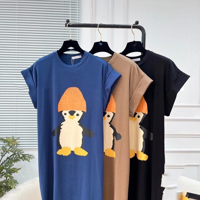 Váy thun cotton Đầm bầu bigsize mặc nhà suông dài form rộng tay hến cổ tròn họa tiết chim cánh cụt xanh đen nâu  T1229G