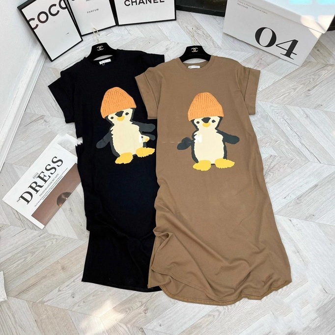 Váy thun cotton Đầm bầu bigsize mặc nhà suông dài form rộng tay hến cổ tròn họa tiết chim cánh cụt xanh đen nâu  T1229G