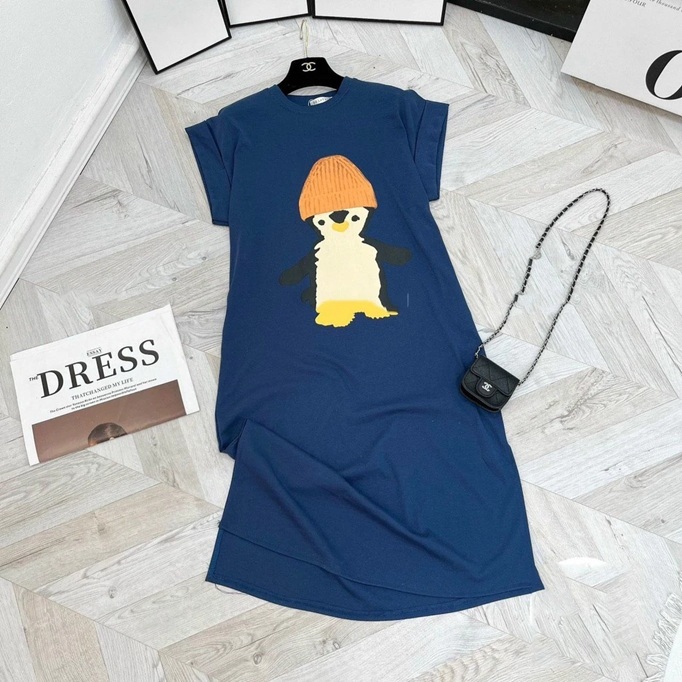 Váy thun cotton Đầm bầu bigsize mặc nhà suông dài form rộng tay hến cổ tròn họa tiết chim cánh cụt xanh đen nâu  T1229G