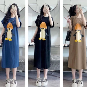 Váy thun cotton Đầm bầu bigsize mặc nhà suông dài form rộng tay hến cổ tròn họa tiết chim cánh cụt xanh đen nâu T1229G