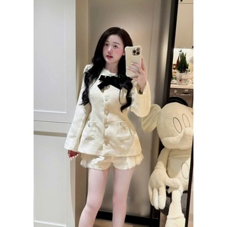 Set dạ tweed Quảng Châu thiết kế kem nhũ kim sa mix nơ cổ kèm chân váy ngắn xoè phối lưới siêu xinh tiểu thư sang trọng