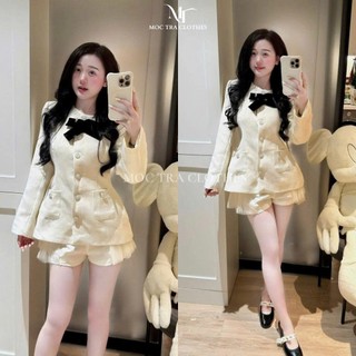 Set dạ tweed Quảng Châu thiết kế kem nhũ kim sa mix nơ cổ kèm chân váy ngắn xoè phối lưới siêu xinh tiểu thư sang trọng