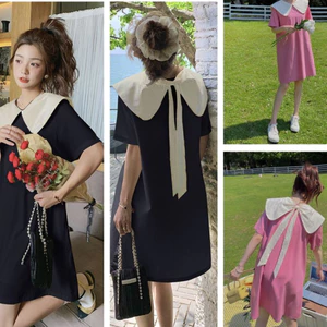 Đầm nữ dễ thương bánh bèo Váy babydoll suông dáng ngắn cổ thủy thủ to thắt nơ cộc tay form rộng T1333