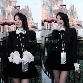 Set dạ cổ sen nơ Loại 1 thiết kế áo phối tay xếp ly và chân váy xoè ngắn siêu xinh